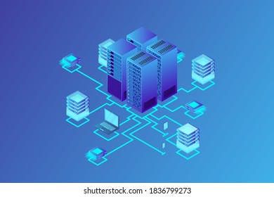 Concept of data network management .Vector isometric map with business networking servers computers and devices.Cloud storage data and synchronization of devices.3d isometric style