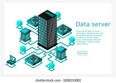 Concept of data network management .Vector isometric map with business networking servers computers and devices.Cloud storage data and synchronization of devices. 3d isometric style