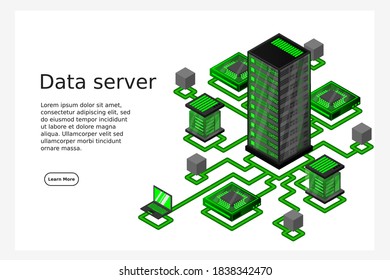 Konzept der Datennetzverwaltung .Vektor isometrische Karte mit Business-Networking-Servern Computer und Geräte.Cloud-Speicherdaten und Synchronisation der Geräte. 3D-Isometrie