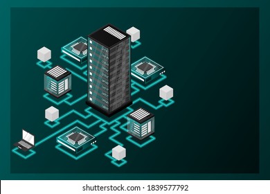 Concept of data network management .Vector isometric map with business networking servers computers and devices.Cloud storage data and synchronization of devices. 3d isometric style