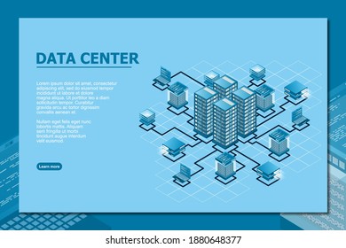 Concept of data network management . Vector isometric map with business networking servers computers and devices. Cloud storage data and synchronization of devices. Vector illustration