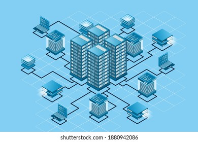 Concept of data network management . Vector isometric map with business networking servers computers and devices. Cloud storage data and synchronization of devices. Vector illustration