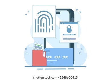 Concepto de protección de datos con huella dactilar. Sistema de seguridad biométrica. Protección de datos personales, bloqueo biométrico. Protección de datos y Cuenta con escáner de huellas dactilares. Ilustración vectorial plana.