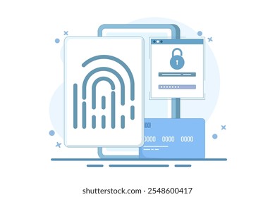 Concepto de protección de datos con huella dactilar. Sistema de seguridad biométrica. Protección de datos personales, bloqueo biométrico. Protección de datos y Cuenta con escáner de huellas dactilares. Ilustración vectorial plana.