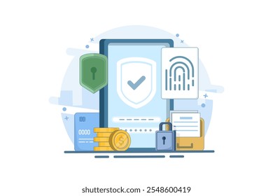 Concepto de protección de datos con huella dactilar. Sistema de seguridad biométrica. Protección de datos personales, bloqueo biométrico. Protección de datos y Cuenta con escáner de huellas dactilares. Ilustración vectorial plana.