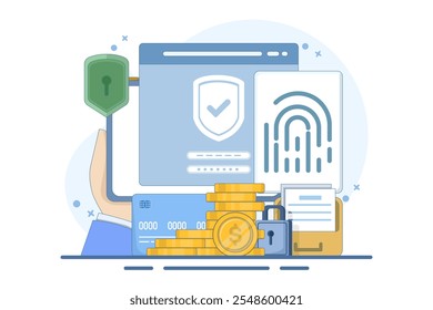 Concepto de protección de datos con huella dactilar. Sistema de seguridad biométrica. Protección de datos personales, bloqueo biométrico. Protección de datos y Cuenta con escáner de huellas dactilares. Ilustración vectorial plana.