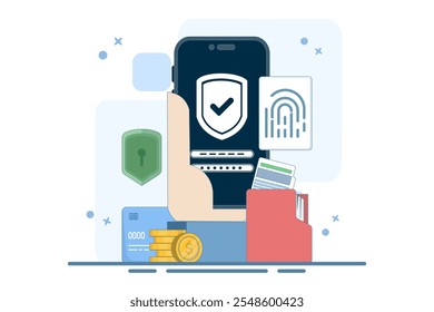 Concepto de protección de datos con huella dactilar. Sistema de seguridad biométrica. Protección de datos personales, bloqueo biométrico. Protección de datos y Cuenta con escáner de huellas dactilares. Ilustración vectorial plana.