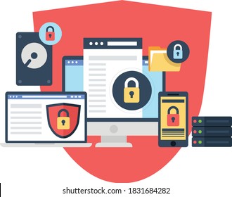 Concept data protection for landing pages. Illustration of data protection with various safeguards and passwords