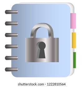 The concept of data protection. Notepad with metal chain and lock, password