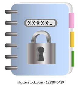 The concept of data protection. Notepad with metal chain and lock, password