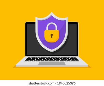 Concept data protection on laptop. Shield with lock on computer. Internet security. Protect confidential data laptop. Vector illustration.