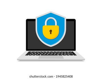 Concept Data Protection On Laptop. Shield With Lock On Computer. Internet Security. Protect Confidential Data Laptop. Vector Illustration.