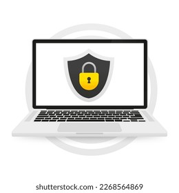 Concept data protection on laptop. Shield with lock on computer. Internet security. Protect confidential data laptop. Flat design graphic elements for web banners, websites. Vector illustration