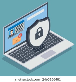 Concept data protection on laptop. Shield with lock on computer. Vector illustration. Eps 10.