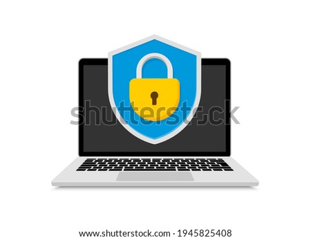 Concept data protection on laptop. Shield with lock on computer. Internet security. Protect confidential data laptop. Vector illustration.