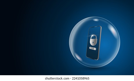Konzept des Datenschutzes auf einem Mobiltelefon. Smartphone ist in einem Glasball. Ein Schloss mit einem Passwortfeld auf dem Bildschirm. Realistische 3D-Vektorgrafik. dunkelblauer Hintergrund