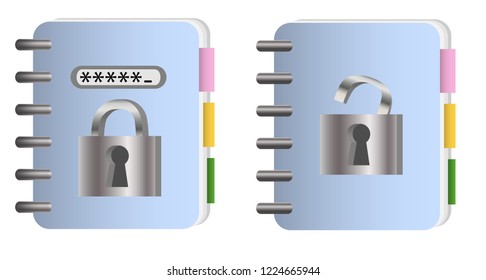 The concept of data protection. A pair of notebooks with metal chain and lock, password