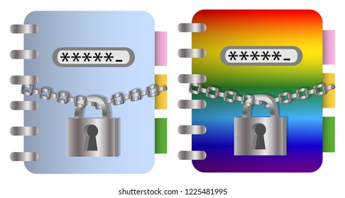 The concept of data protection. A pair of notebooks with metal chain and lock, password