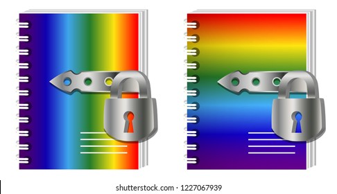 The concept of data protection. A pair of notebooks with metal chain and lock, password