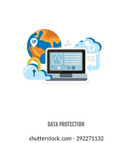 Concept of data protection, safe work and internet security. Flat design. Vector Illustration.