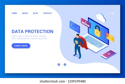 The concept of data protection. Secure online shopping, sms, personal data and internet surfing. Vector flat isometric illustration.