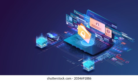 The concept of a data protection website, prohibited entry. The concept of online security. The laptop is protected by a screen and a lock, entering a personal password. Isometric vector illustration