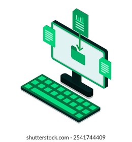 Concept data recovery, Web banner with computer, keyboard and file download. Technology theme. 3d isometric. Vector illustration.