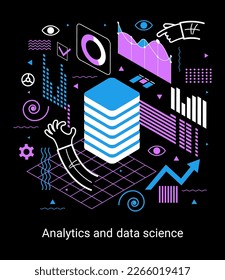 Concept of data research, technology, data analysis and science. Modern flat design isometric concept. Landing page template. Vector illustration