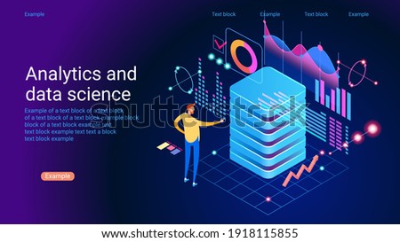 Concept of data research, technology, data analysis and science. Modern flat design isometric concept. Landing page template. Vector illustration