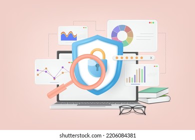 Concept of data security Access. Shield on laptop screen  protect sensitive data. Internet security. Data protection, data security cocept. 3d Vector illustration.