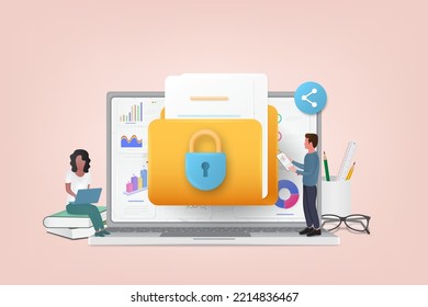 Concept of data security Access. Shield on laptop screen  protect sensitive data. Internet security. Data protection, data security cocept. 3d Vector illustration.