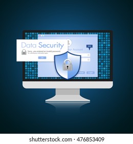 Concept is data security Access .Shield on Computer Desktop or laptop  protect sensitive data. Internet security. Vector design