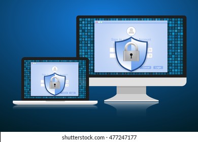 Concept is data security Access .Shield on Computer Desktop or laptop  protect sensitive data. Internet security. Vector design