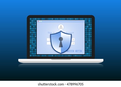 Concept is data security Access .Shield on Computer Desktop or laptop  protect sensitive data. Internet security. Vector design