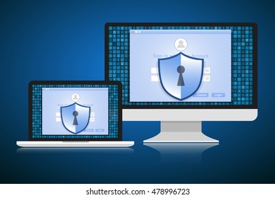 Concept is data security Access .Shield on Computer Desktop or laptop  protect sensitive data. Internet security. Vector design