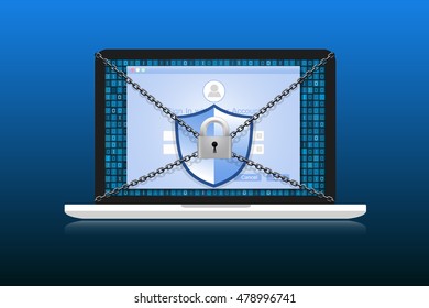 Concept is data security Access .Shield on Computer Desktop or laptop  protect sensitive data. Internet security. Vector design