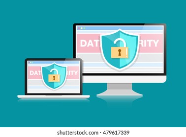 Concept is data security Access .Shield on Computer Desktop or laptop  protect sensitive data. Internet security. Vector design