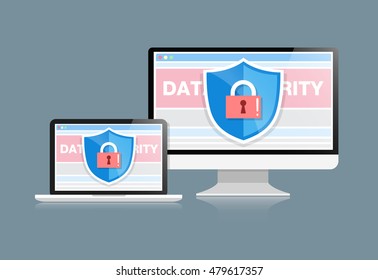 Concept is data security Access .Shield on Computer Desktop or laptop  protect sensitive data. Internet security. Vector design