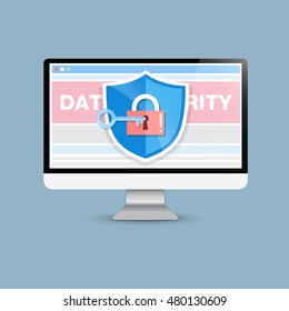 Concept is data security Access .Shield on Computer Desktop or laptop  protect sensitive data. Internet security. Vector design