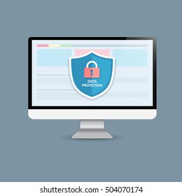 Concept is data security Access .Shield on Computer Desktop or laptop  protect sensitive data. Internet security. Vector design