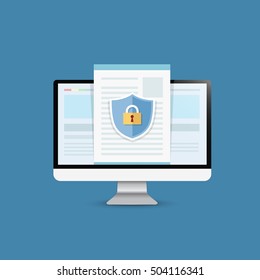 Concept is data security Access .Shield on Computer Desktop or laptop  protect sensitive data. Internet security. Vector design