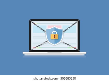 Concept is data security Access .Shield on Computer Desktop or laptop  protect sensitive data. Internet security. Vector design