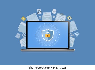 Concept is data security Center .Shield on Computer Laptop protect sensitive data. Internet security. Vector Illustration