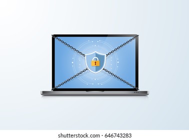 Concept is data security Center .Shield on Computer Laptop protect sensitive data. Internet security. Vector Illustration