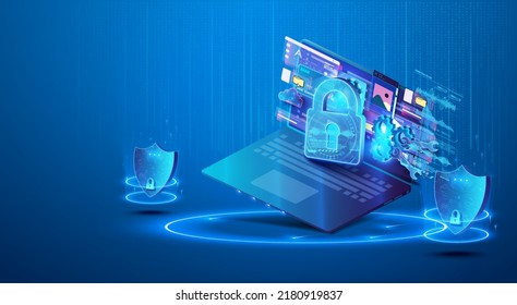 The concept of data security protection on a blue laptop. Computer network security technology. Processing and online data protection via a secure Internet connection. System confidentiality.