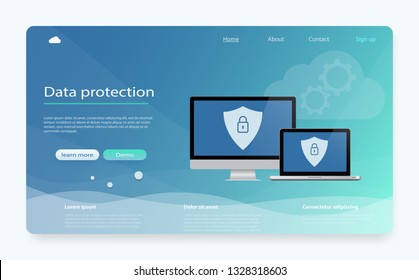 Concept is data security. Data Protection, privacy, internet security. Safe confidential information. Shield on computer desktop or laptop protect confidential information. Personal data protection.