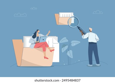 Concept of data storage, Document management, Office file folder, Organizing important files, Company employees work to store important documents permanently. Vector design illustration.