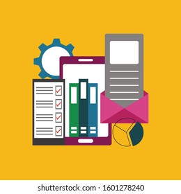concept of data storage. Mobile with folders. Storage of documentation Vector illustration with yellow background