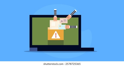 concept of data theft, Stealing online information, Data breach, identity theft - vector illustration background with icons