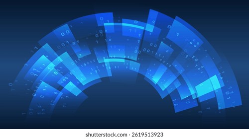 Conceito de transmissão de dados, inovação e comunicação digital. Fundo de tecnologia abstrato com linhas azuis brilhantes e código binário em um gradiente escuro.